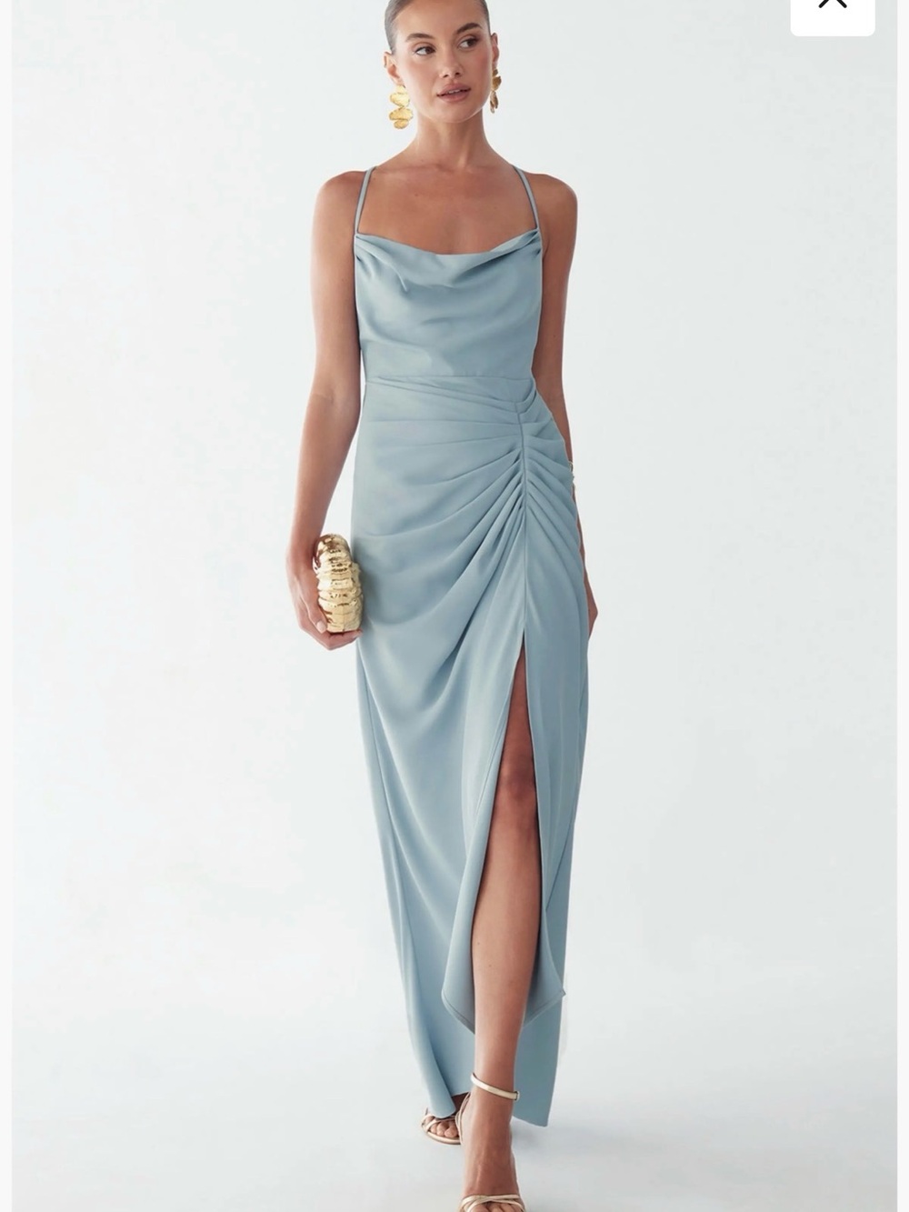 Light Blue Cowl Neck Ruched Front Maxi Dress Bridesmaid Dress